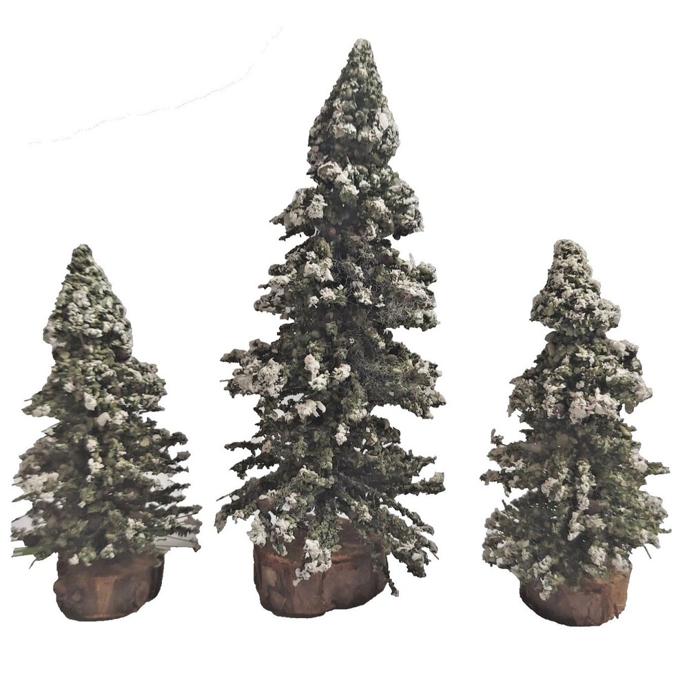 Lemax Christmas Village Flocked Trees Wood Base Lot of 3 Vintage 4 In and 6 In